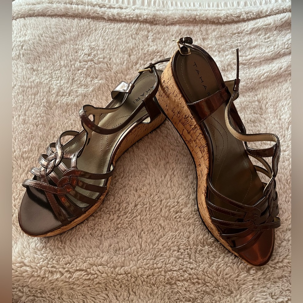Tahari brush brass wedge sandals